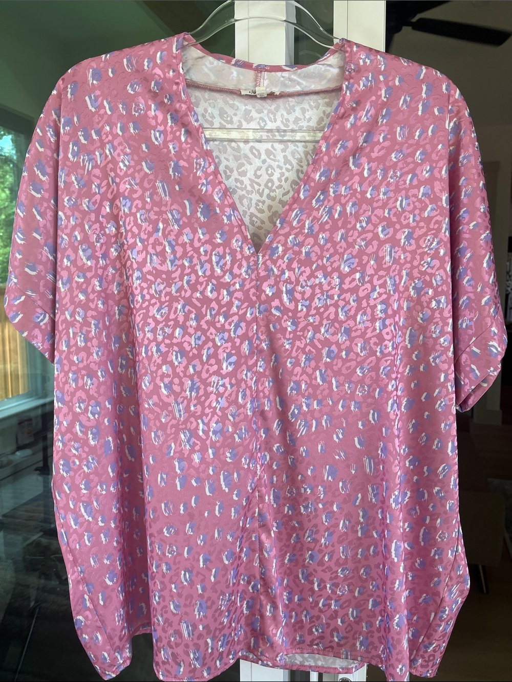 JODIFL Tunic Top Small Pink Purple Pastel V-Neck Leopard Print Oversized Flowy